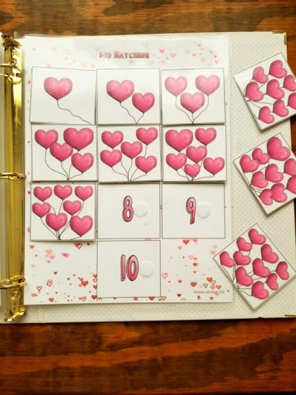 1-10 count and match worksheet with heart balloons
