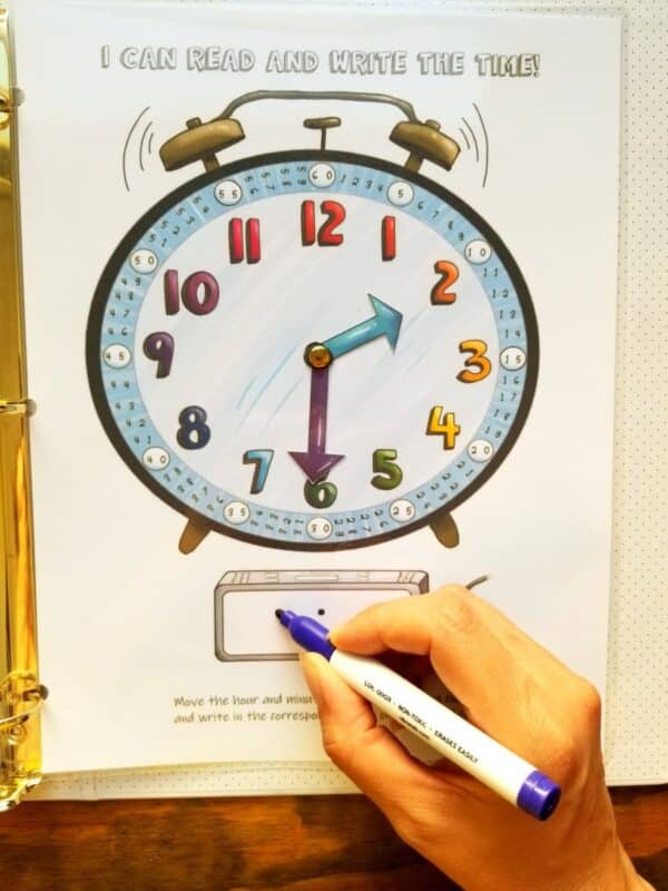Interactive clock reading includes movable hands on an analog clock that can be written in a digital clock. Laminate pages to use dry erase markers for multiple uses.