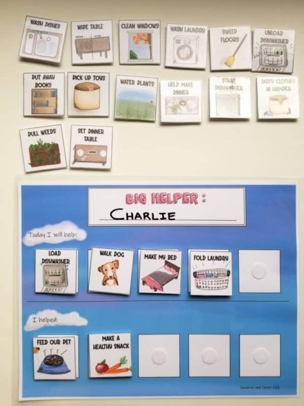 Kids chore tracker with daily assignment of tasks to do, and a section to move cards to once completed.