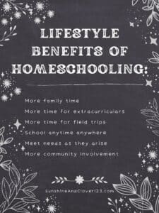 Lifestyle benefits of homeschooling include more family time, more time for extracurriculars and field trips. Meeting needs as they arise, and schooling anywhere and anytime.