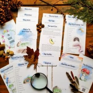 Nature journal for kids includes scavenger hunts, drawing and writing activities, hiking log, leaf rubbings, map making and more!