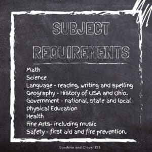 Required subjects for homeschooling in ohio include : math, science, language arts, geography, history, health, physical education, fine arts and safety.