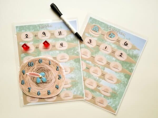 addition and subtraction worksheet with bird nest spinner and bird nest spring theme on worksheets