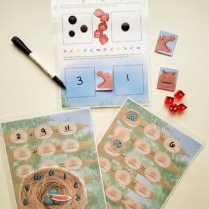 bird nest theme for addition and subtraction worksheet, hippo theme for greater than less than and equal to sheet.