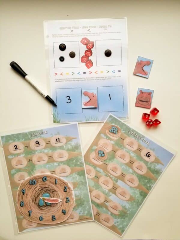 bird nest theme for addition and subtraction worksheet, hippo theme for greater than less than and equal to sheet.
