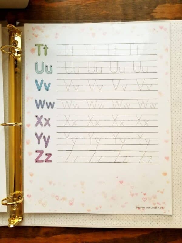 Alphabet writing practice sheets includes this 3rd page with dotted letters to trace. Rainbow letters and heart theme on pages.