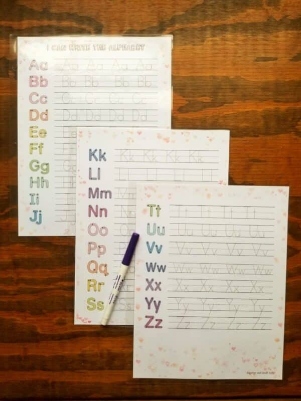 alphabet tracing worksheets include 3 pages with a-z in dotted lines.