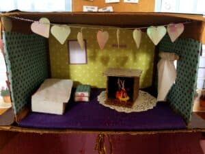 handmade fireplace, bed and dresser for diy dollhouse