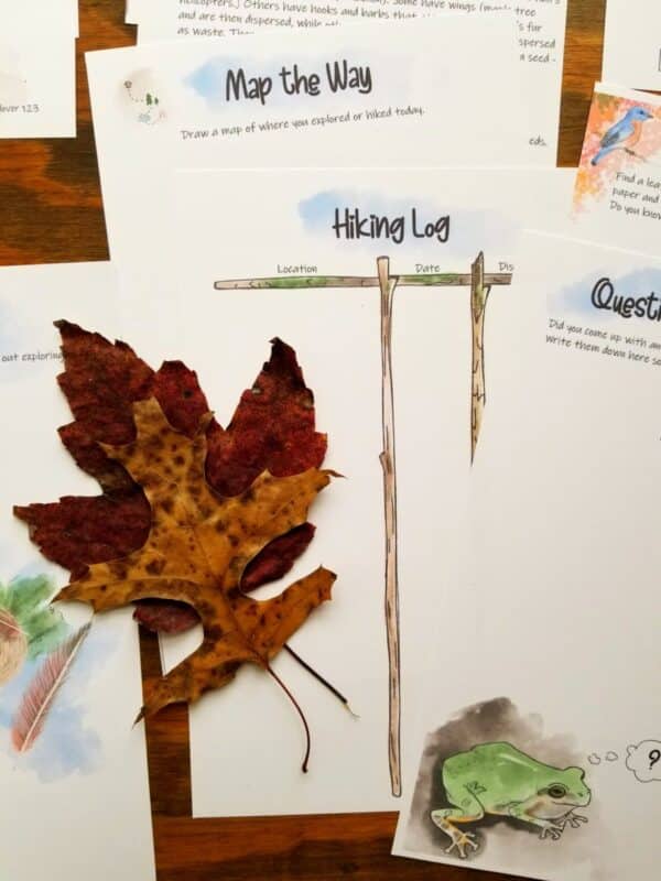spring nature journal for kids includes hiking log, mapping activity, questions and answers page, and a leaf rubbing activity.