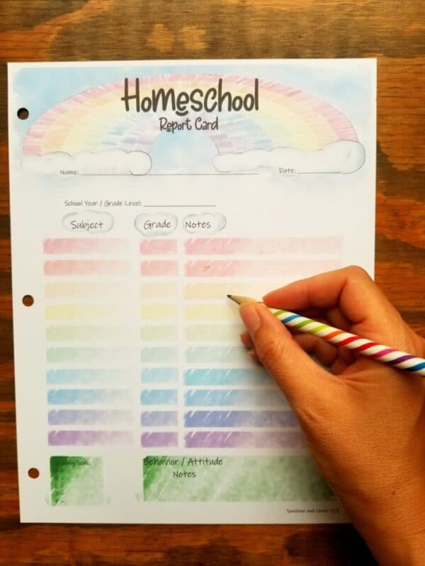 Rainbow report card for homeschoolers with rainbow theme. Rainbow at top of grade card page and rainbow colored blocks throughout. Includes 10 subject lines with corresponding grades and notes. Section included for grade scale and behavior.