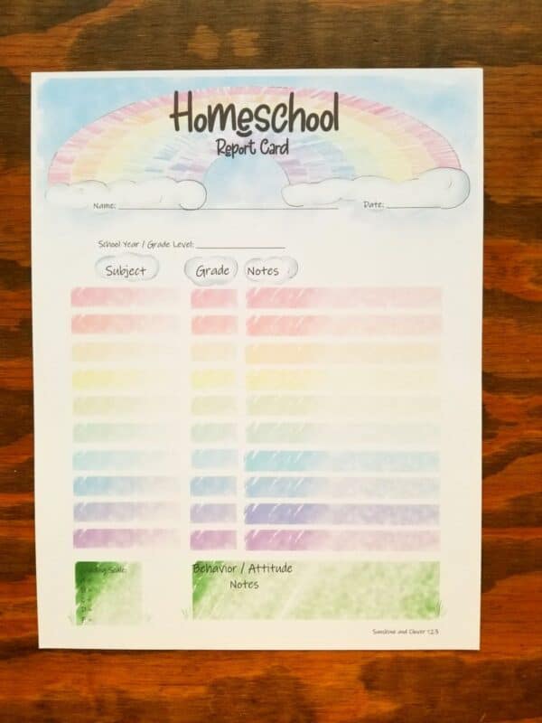 printable rainbow themed homeschool grade card