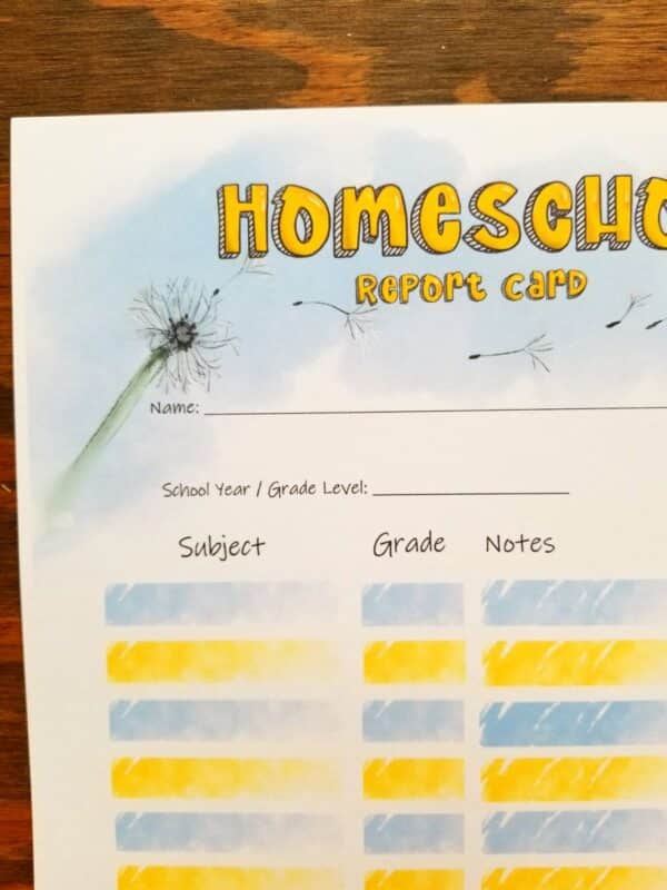 Homeschool report card with yellow and blue designs and hand illustrated dandelion. Includes lines for subjects, grades, notes, conduct and grading scale.