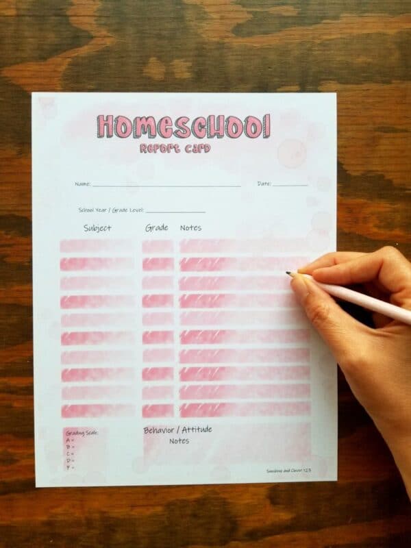 homeschool report card in pink bubblegum theme.