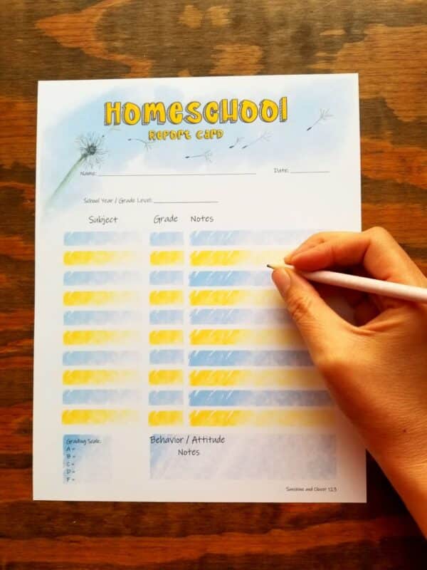 report card for homeschoolers in blue and yellow dandelion theme.