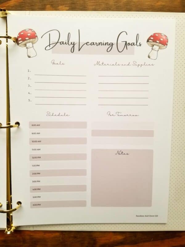 Printable homeschool planner includes daily learning goals with hand illustrated mushrooms and brown accents.