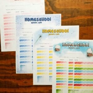 homeschool report card bundle includes cupcake report card, pink grade card, blue report card, and dandelion grade card