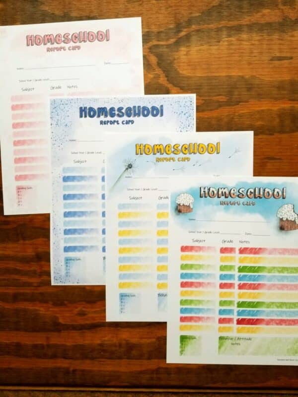 homeschool report card bundle includes cupcake report card, pink grade card, blue report card, and dandelion grade card