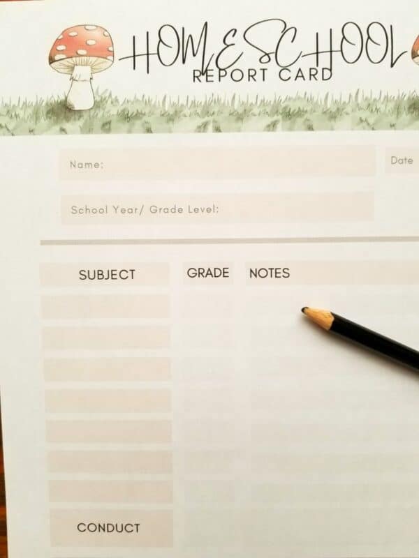 Homeschool report card is printable and includes subjects, grades, notes, and grading scale fill in section.