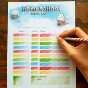 printable homeschool report card with cupcake theme. blue yellow red and green squares for writing in subjects, grades, notes, grading scale and behavioral notes