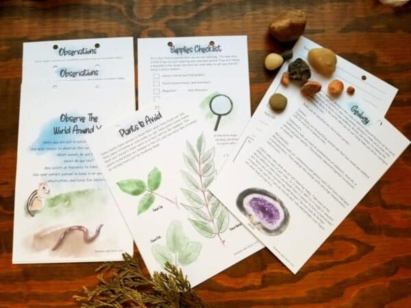 nature booklet includes observation pages, plants to avoid, geology:rocks, and supplies cheklist.