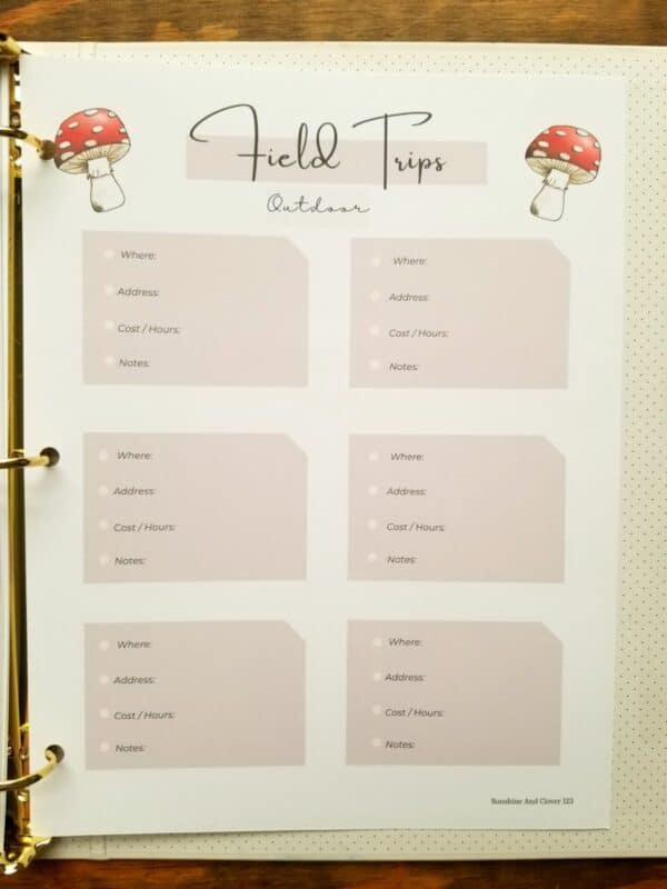 Printable homeschool planner includes field trip planning pages. Brown accents and hand illustrated mushrooms.