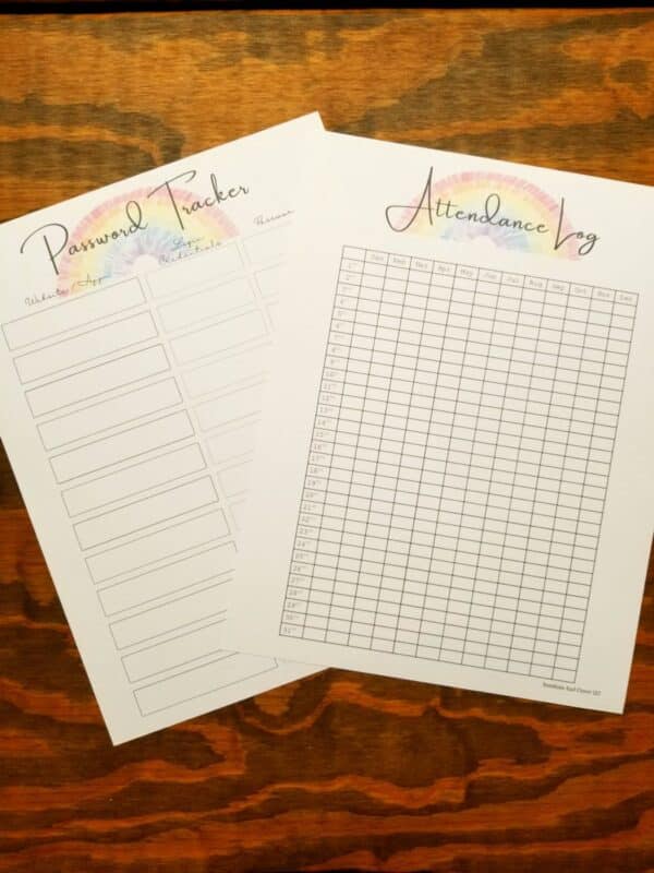 Printable homeschool planner includes password tracker and attendance log. Rainbow themed pages.