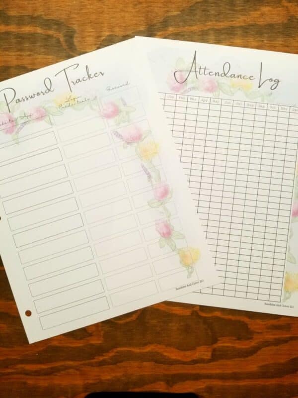 Printable homeschool planner includes password tracker and attendance log in hand illustrated flower theme.