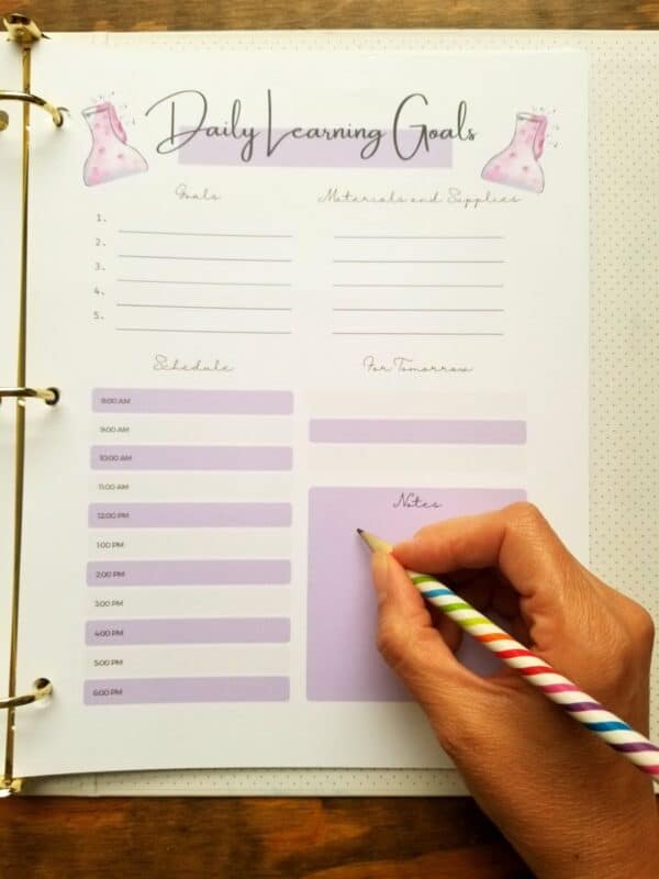 Daily learning goals for homeschoolers. includes hourly time schedule, room for goals and notes.
