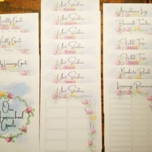 printable homeschool planner includes daily weekly and monthly goals, as well as unit study pages, password tracker, attendance log, field trip planners and more. Hand illustrated flower design throughout.