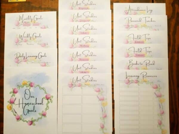 printable homeschool planner includes daily weekly and monthly goals, as well as unit study pages, password tracker, attendance log, field trip planners and more. Hand illustrated flower design throughout.