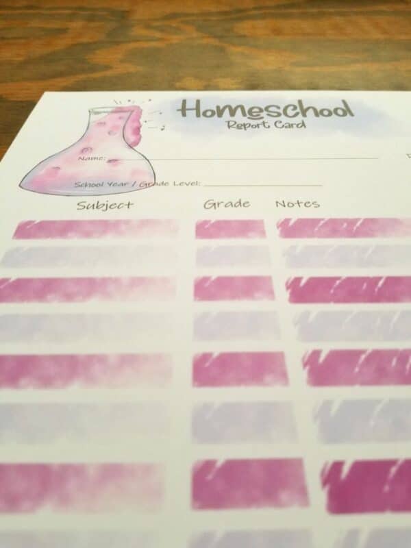 homeschool report card to download and print. Pink and purple blocks with subject lines, grades, notes, grading scale, and behavior notes.