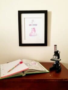 Printable science lovers wall art and bookmark on display
