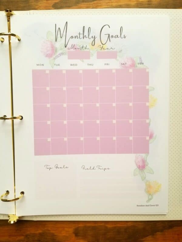 Monthly goals page is included in homeschool planner.