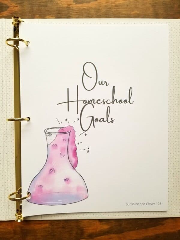 Our homeschool goals cover page. Hand illustrated science beaker in with pink substance bubbling out of it.