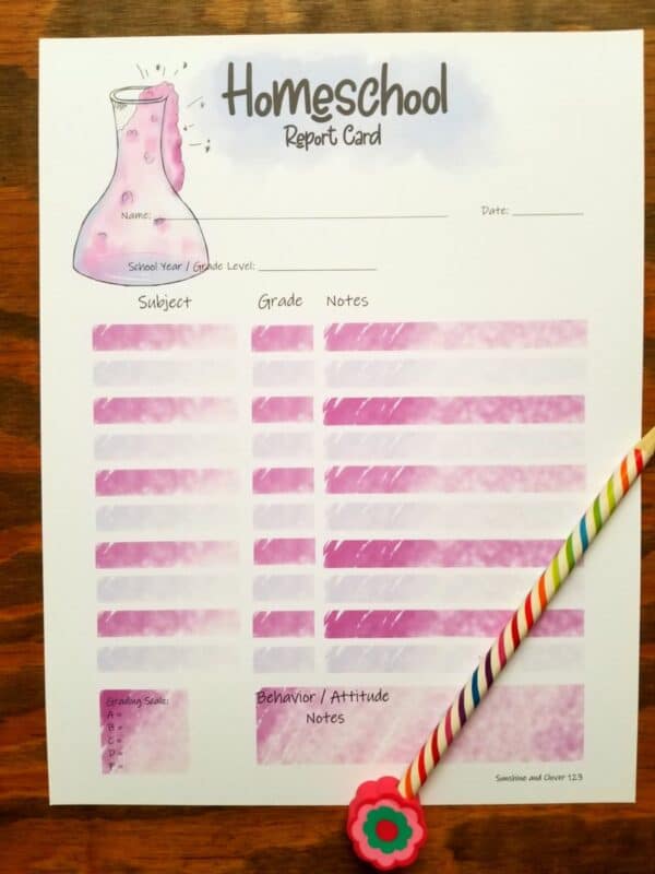 homeschool report card in pink and purple science theme.