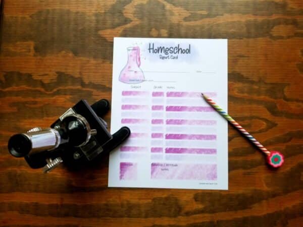 printable homeschool report card in pink and purple. Science lovers theme.