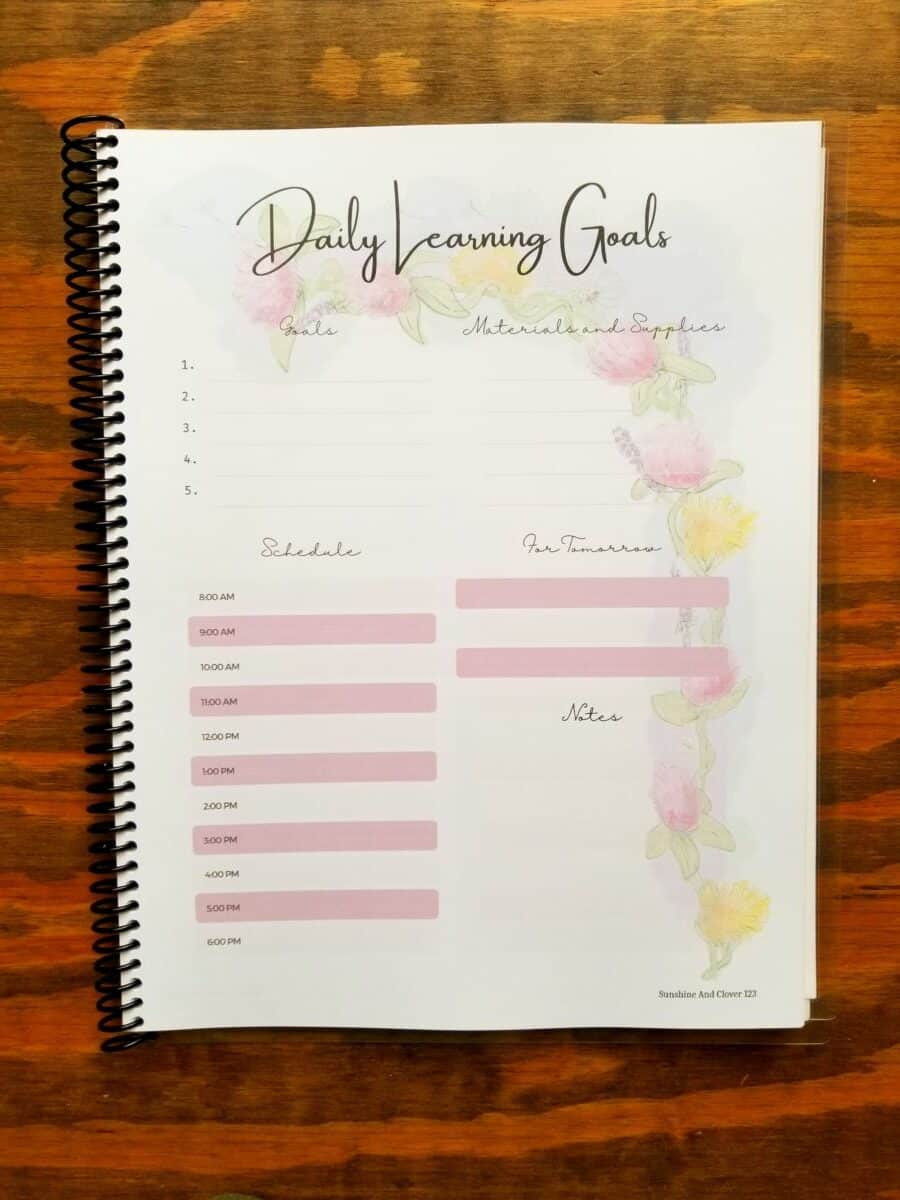 Daily homeschool planner with flower theme. Matches the spiral bound homeschool planner but is intended to be used on a daily basis vs the weekly and monthly goals of the spiral bound planner. Has soft pink accenting throughout.