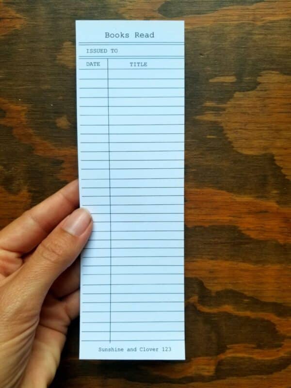 Book log bookmark styled to look like a library checkout card. Includes an issued to section, date, and books read lines to fill out.