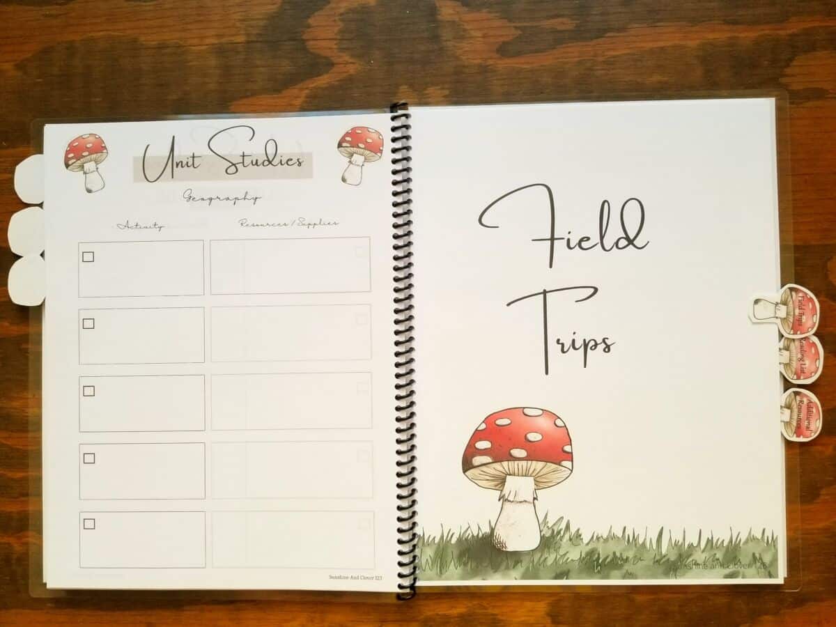 Spiral bound homeschool planner in mushroom theme. This homeschool planner has a hand illustrated mushroom design with brown accenting throughout. Matching mushroom dividers with matching mushroom tabs are included with each planner.