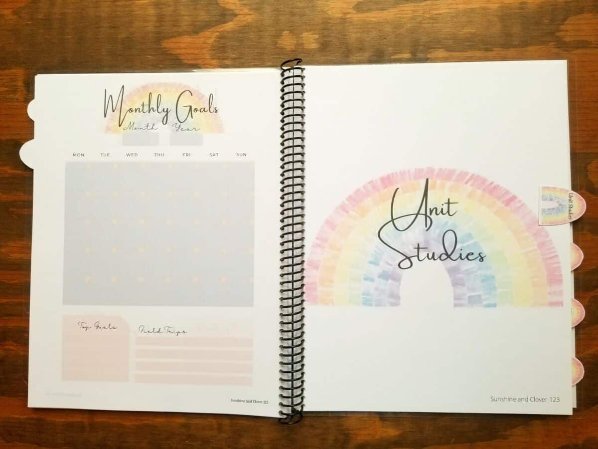 Rainbow homeschool planner comes in hand illustrated rainbow design. Pages include soft pink and blue boxes as well as rainbow design throughout. Spiral bound and includes dividers with matching rainbow tabs.