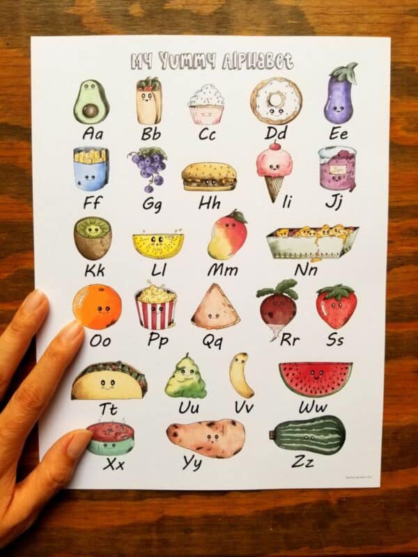 Printable alphabet poster comes in a standard US letter size. Page is titled "My Yummy Alphabet" and features a cute little piece of food with each letter of the alphabet. Each piece of alphabet food is hand illustrated.