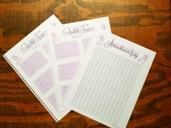 Printable homeschool planner includes field trips planning pages as well as an attendance tracker. Attendance log has a grid like layout with every day of the year included on the grid for check marking. Field trip planning pages are broken up into indoor and outdoor activities and include sections for where, cost and so on.