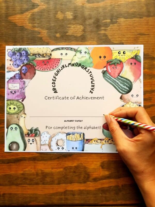 This printable alphabet bundle comes with a certificate of achievement for completing the alphabet. This preschool certificate comes with matching cute food theme and has a blank line to write in the child's name.