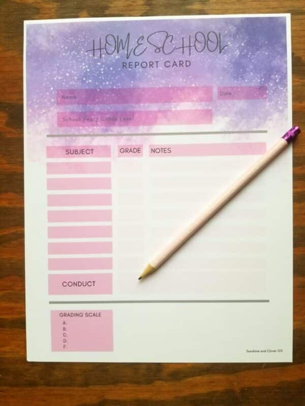 Printbale homeschool grade card for end of year or semester grade reporting. Comes in galactic galaxy theme and pink squares to write in.