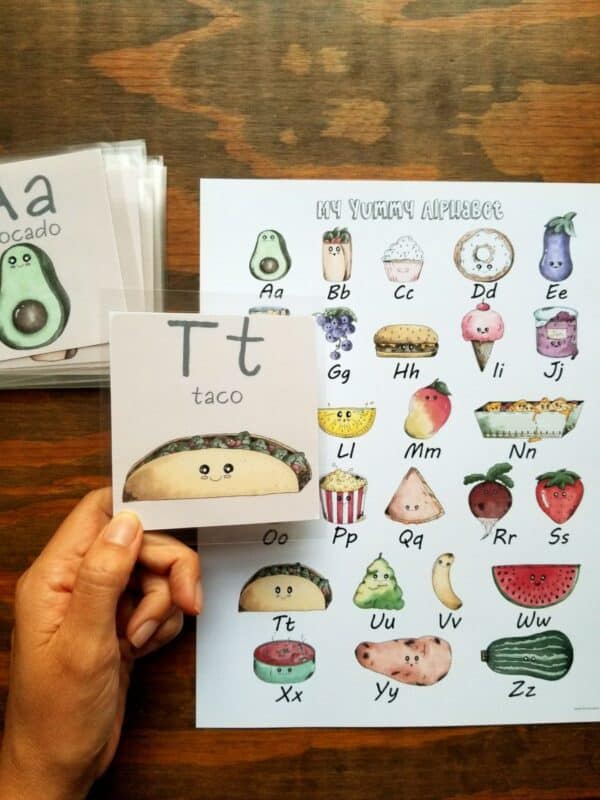 Printable alphabet flash cards are included with these preschool homeschool printables. Alphabet flash cards include colorful hand illustrated food with cute little eyes and smiles. All cards are hand illustrated.