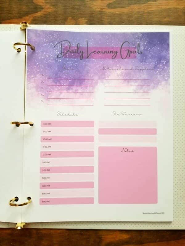 Daily learning goals page is a part of the homeschool planner. Galactic galaxy design with pink accenting throughout the digital download planner. Daily page has hourly plans, notes and materials sections.