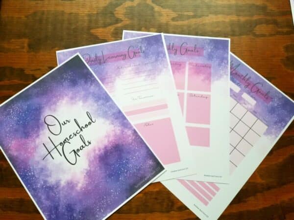 Printable homeschool planner includes daily, weekly, and monthly learning goals pages. Organizer has galactic theme and pink accenting throughout.