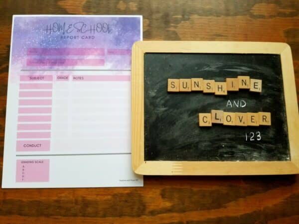 Printable homeschool report card made with galactic design and pink accenting throughout.