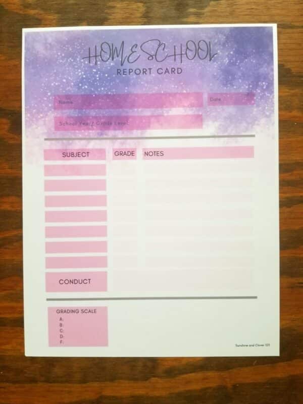 Homeschool report card for keeping track of your child's grades and progress. Includes conduct section, subjects, grades, notes and grading scale.