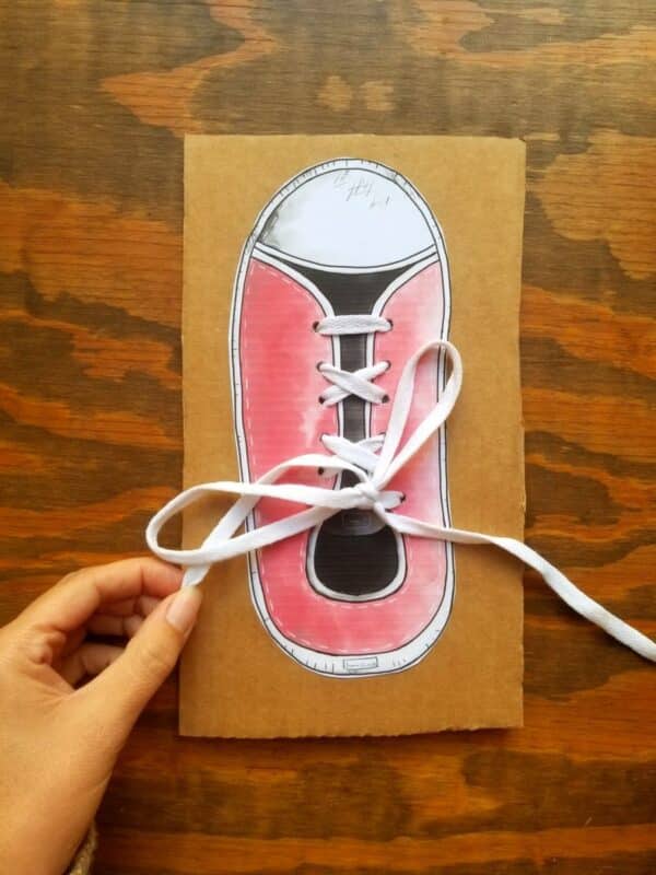 learn to tie shoelaces with this Montessori style shoelace tying printable. Red sneaker with white accenting featured but also available in every color of the rainbow and a color your own sneaker.